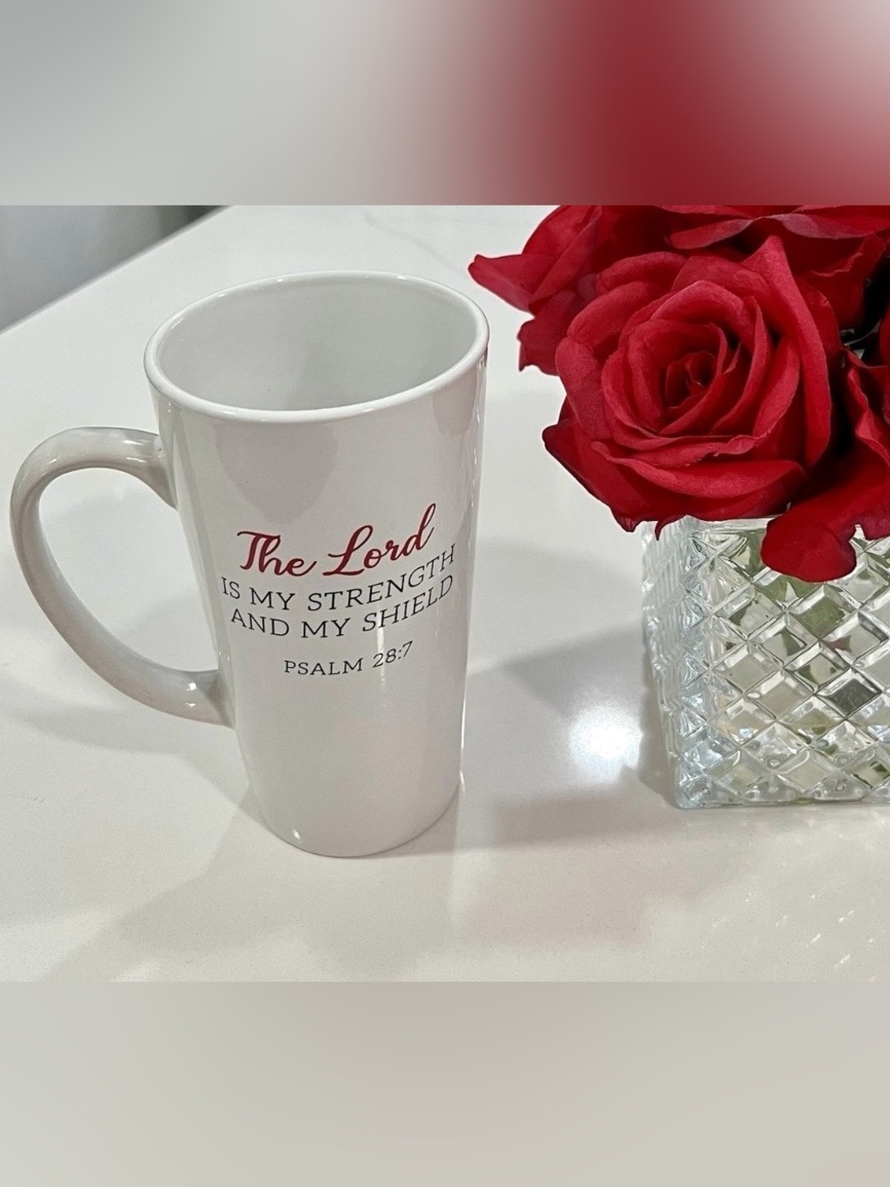 Inspirational Coffee Mug – White Ceramic Latte Cup – Psalm 28:7 - Picture 4 of 9